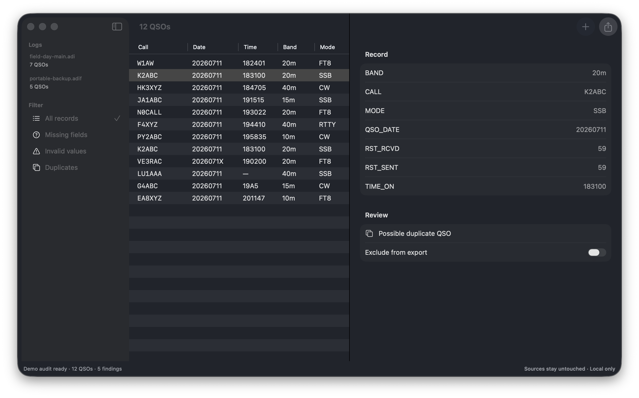 Real QSOFix window with two ADIF logs, QSO table and duplicate record review